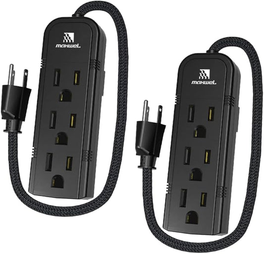 2Pack Small Power Strip Black Outlet - 1FT Heavy Duty Power Extension Cord, Mini Size Portable 3 Outlet Power Strip for Office,Computer,Home Accessories,Travel,ETL Listed (13a/125v/60hz/1625w)