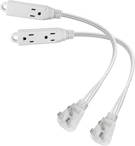 EP 1 Ft 3 Outlet Extension Cord with Flat Plug, 3 Prong Grounded, 16/3 SPT-3 Power Cable for Indoor Use, White, 2 Pack