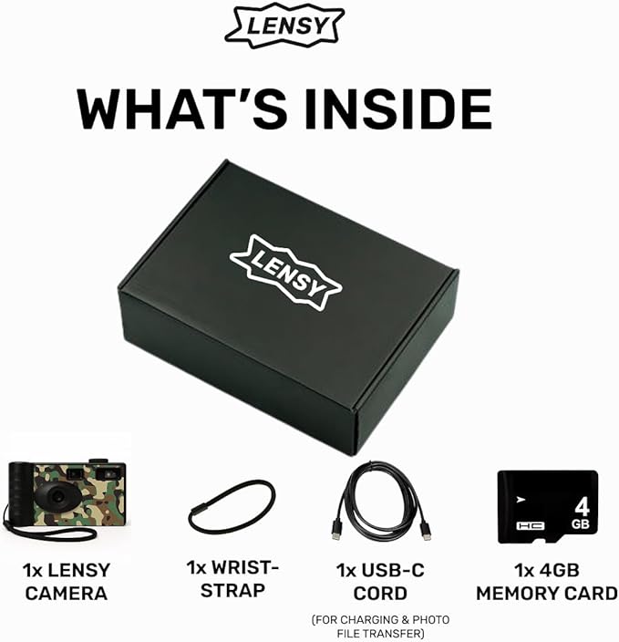LENSY Screen Free Digital Camera | Four Built in Filters | Rechargeable, 8mp, Lightweight, Focus-Free, Auto-Flash, Easy-to-Use, Reusable, Retro Film-Style Photos (Camo)