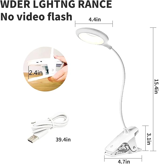 Desk Lamp Clip on Reading Light, Portable Rechargeable Desk Light Mini Clip Lamp, Dorm Room Essential Clip on Light Wall-Mounted, Bedside Lamp with Clamp, Rechargeable Reading Lights for Dorm Makeup
