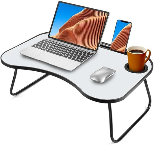 【LuckyNote】 Portable Laptop Desk, Gray and White Matte Metal and Wood Construction, Foldable Design with Cup Holder, 26.5 x 18.5 Inches, for Bed, Car, Couch, Home Use