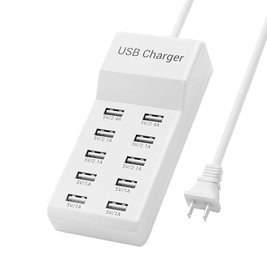 USB Charging Station 50w10A 10-Port Charger, Multiport Charger Hub, Compatible with iPhone, Galaxy, iPad Tablet, and Other Devices（White）