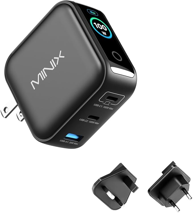 MINIX 100W USB C Charger, 3 Port GaN Charger with Smart Display and Touch Control, Powerful 100W Fast Charging for MacBook pro, iPhone 17/16 Series, Samsung Galaxy, Pixel, Laptop, and More