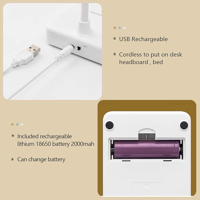 Cordless Desk Table Lamp Reading Light Rechargeable Battery 2200m,Touch 3 LED Modes,Dimmable,Small,Gooseneck, Highest 17.7",Lamp for Kids Bedroom Bedside