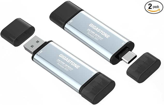 Gigastone Duo Go USB-A+C 2TB (2-Pack) Dual External Portable SSD 1,050MB/s Glossy Surface, Supports Apple 4K 60fps ProRes HDR Video Recording USB3.2 Gen 2 for iPhone 16 PS5 Mac iPad Laptop Android