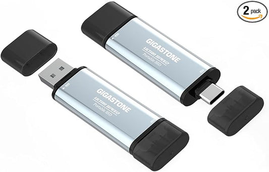 Gigastone Duo Go USB-A+C 2TB (2-Pack) Dual External Portable SSD 1,050MB/s Glossy Surface, Supports Apple 4K 60fps ProRes HDR Video Recording USB3.2 Gen 2 for iPhone 16 PS5 Mac iPad Laptop Android