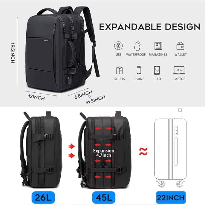 45L Carry On Backpack, Weekender Travel Backpacks, 17.3 inch Laptop Back Pack Business Expandable Bag for Men and Women