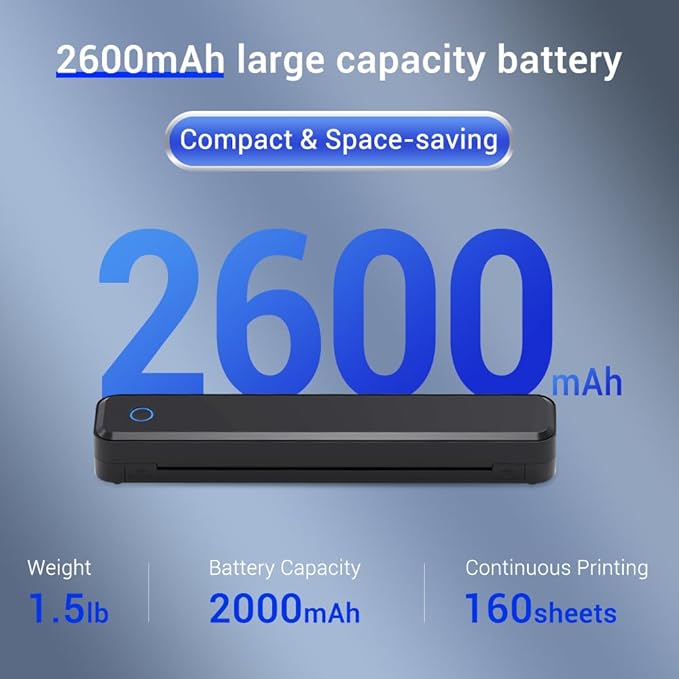 Inkless Portable Thermal Printer for Travel, Bluetooth Mobile Compact Printer Wireless Support 8.5" X 11" US Letter & A4 Size, Compatible with iPhone Android Laptop for Home Car Office