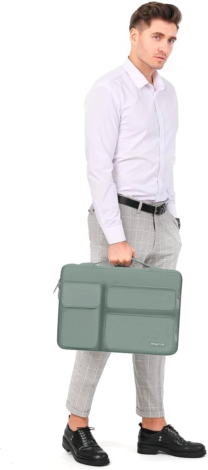 MOSISO 360 Protective Laptop Case 14 inch, Laptop Sleeve Compatible with HP Lenovo Dell ASUS Acer, HP Stream, Dell Latitude, Lenovo IdeaPad,Side Open Bag with 2 Raised&1 Flapover Pockets,Antique Green