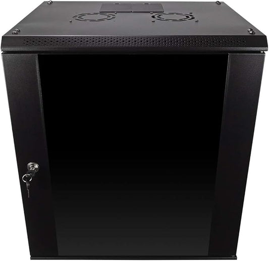 NavePoint 12U Server Rack Enclosure with Glass Door, Cooling Fan, Locks, & Removable Side Panels - 12U Wall Mount Network Cabinet 19 Inch Rack 17.7" Deep (450mm)