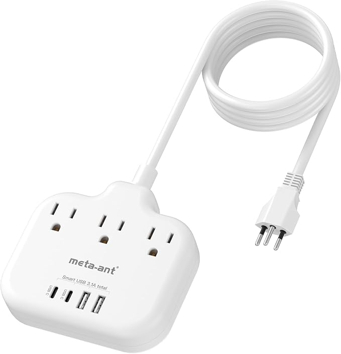 Brazil Power Adapter with 5FT Extension Cord, meta-ant US to Brazil Travel Plug with 3 American Outlets and 4 USB Charger Port(2 USB C), Type N Adaptor for USA to Brazilian Brazil, White