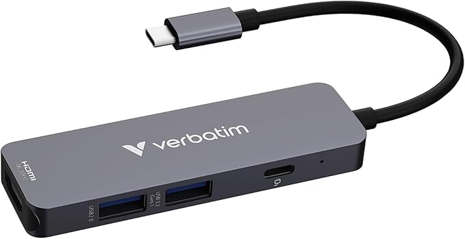 Verbatim USB-C Essentials Multiport Hub – 4 Ports: (1) USB-A 2.0, (1) USB-A 3.0/3.2 Gen 1, (1) USB-C 3.0/3.2 Gen 1 with 4K HDMI and Up to 100W Power Delivery
