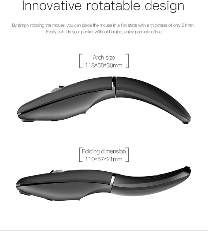Wireless Bluetooth Arc Travel Mouse - BT5.1 2.4G Dual Model, Portable Mice for Laptop, Notebook, PC, MacBook, Chromebook, Lenovo, Microsoft,Rotating Foldable, Rotating Foldable Design (Black)