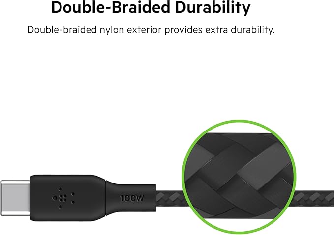 Belkin USB C to USB C Cable, 6.6ft, 100W - Type C Charger, iPhone Charger Cord, Braided, Flexible for iPhone 17, Galaxy S25, Pixel 10, AirPods, iPad Pro, Tablet, Nintendo Switch 2 & More - Black
