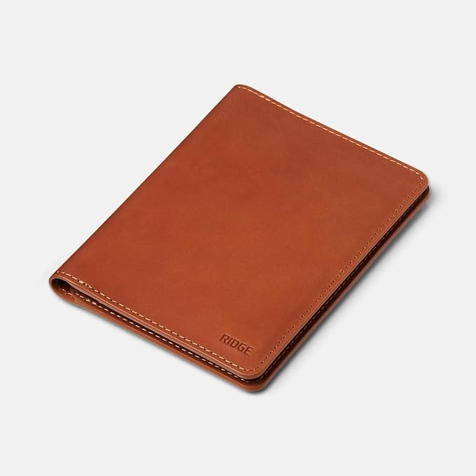 Ridge Passport Holder - Leather Travel Wallet, RFID Protection, Holds Passport, 6 Credit Cards, Folded Cash, And a Boarding Pass (Tobacco Brown)