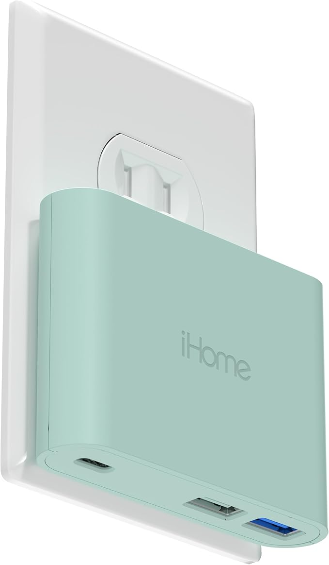 iHome 32W AC Pro Multi Port USB Wall Charger Block - Charging Station for Multiple Devices with 3 Ports (1 USB-C, 2 USB-A) - Fast Charging, Universal Compatibility (Mint)