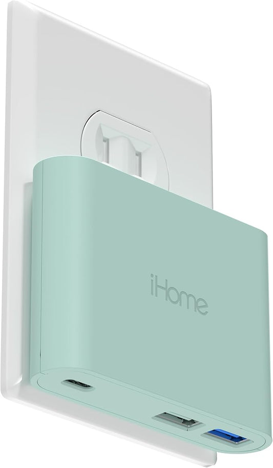 iHome 32W AC Pro Multi Port USB Wall Charger Block - Charging Station for Multiple Devices with 3 Ports (1 USB-C, 2 USB-A) - Fast Charging, Universal Compatibility (Mint)