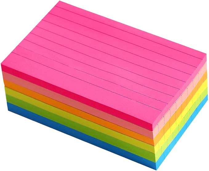 Lined Sticky Notes 3X5 in Bright Ruled Stickies Colorful Super Sticking Power Memo Pads Strong Adhesive, 6 Pads/Pack, 75 Sheets/pad
