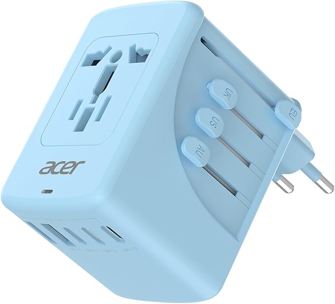 Acer Universal Travel Plug Adapter - International Power Adapter with 5 USB Ports (3 USB C) 5.8A, Worldwide Outlet Charger for USA to European UK France Germany Spain, Type C/E/F/G/I/L/A, Blue