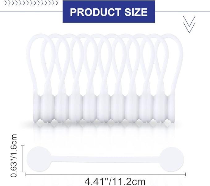 Kanemc 7.9'' Silicone Cord Tie Included Tags, Magnetic Long Cable Ties Reusable Straps Twist Ties Elastic Magnetic Ties For Wrapping Cables Bundles (10Pcs-White)