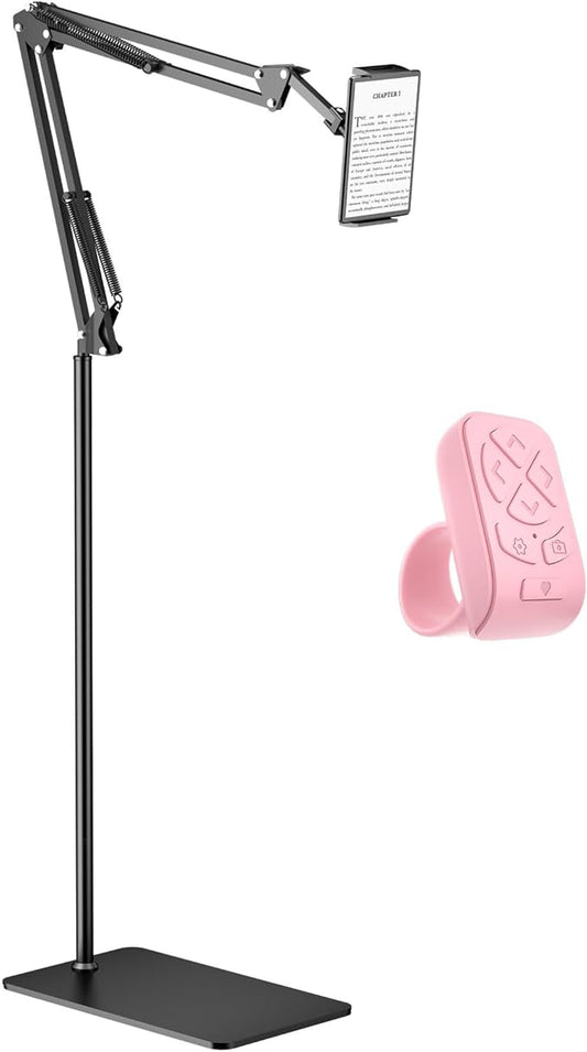 Floor Fire Tablet Stand for Reading in Bed with Page Turner Remote, Fire HD 8 9 10 Max Tablet Holder Accessories with Scrolling Ring Clicker Compatible with iPad iPhone Android Phones