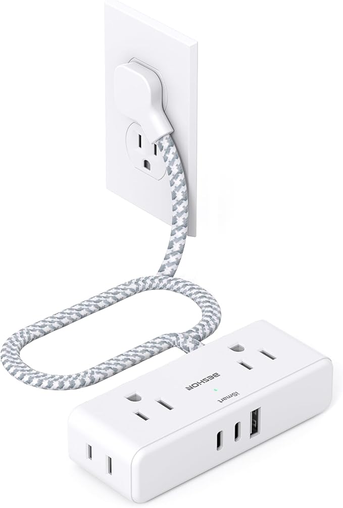 Flat Extension Cord 3 feet, Flat Plug Power Strip, 4 Widely Outlets with 3 USB Ports (2 USB C), 3 Side Outlet Extender with Extension Cord with Multiple Outlets for Home, Office, Dorm Room Essentials