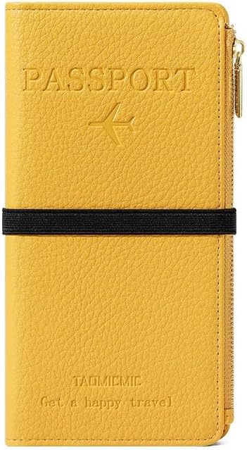 DOB SECHS Leather Passport Holder, RFID Blocking Passport Wallet Credit Cards Case for Women, Travel Accessories Organizer Pouch Bag with ID Window+Zippered Cash Pocket+SIM Slots, Yellow