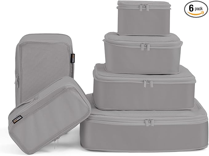 6 Set Compression Packing Cubes, Suitcase Storage Bags for Clothes and Travel Essentials (Silver Gray)