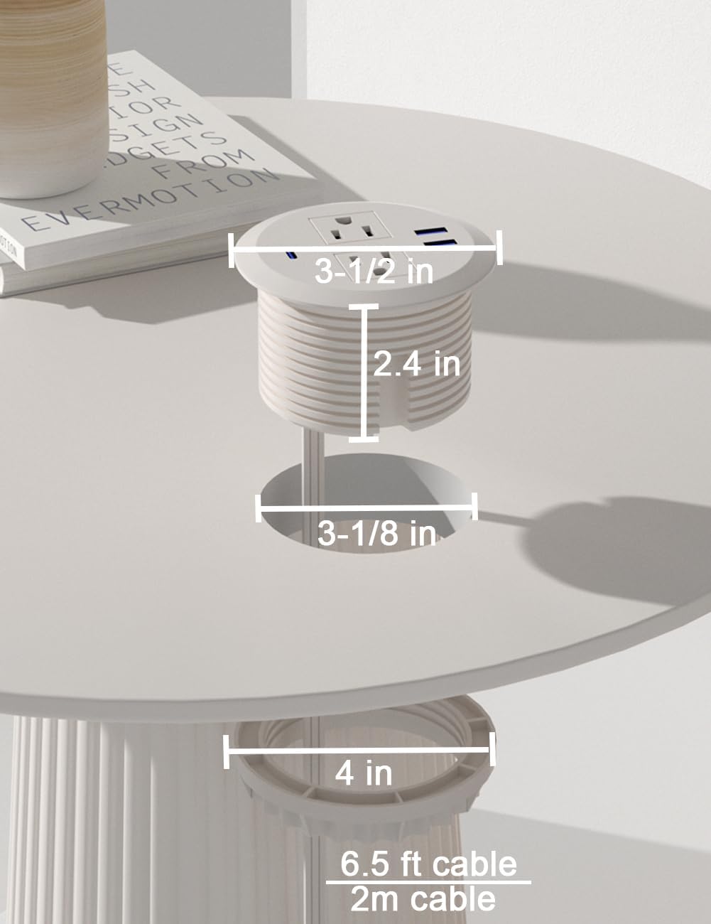 3 Inch Desktop Power Grommet,20W USB C Fast Charging Station,3-USB Port,Flush Mount,6.5 ft Power Cord.Round Recessed Power Strip,Desk Hole Grommet Outlet for Workspace,Sofa,White