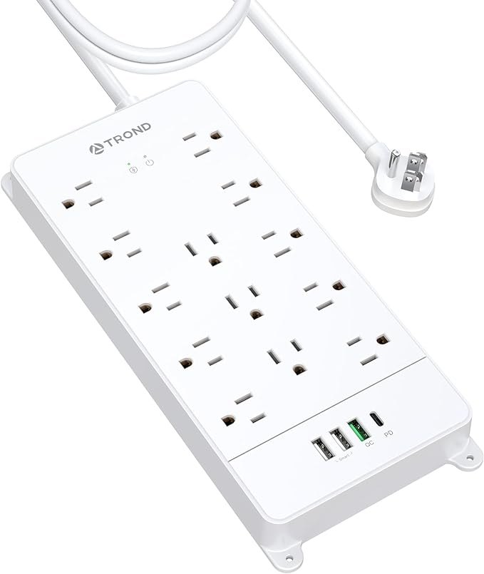 TROND Surge Protector Power Strip 10 ft, Flat Plug Long Extension Cord, 13 Wide Spaced Outlets, 4000 Joules, 32W Quick Charge 3.0 & USB C, Wall Mount, Under Desk, Heavy Duty, ETL Listed, White