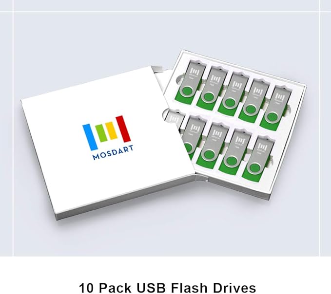 MOSDART USB2.0 16GB Flash Drive, Swivel Design with LED Indicator, Keychain Loop, FAT32 Memory Stick for Data Storage, Green(Pack of 10)