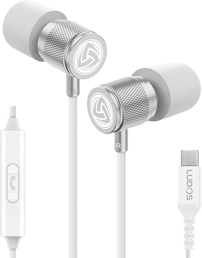 LUDOS Ultra USB C Headphones for iPhone 17 16 15 Pro Max Plus Air iPad Pro, 5 Years Warranty, Magnetic USB-C Earbuds for Samsung Galaxy S24 S23 Ultra S22 S21 FE S20 A55, USB Type C Earphones - White
