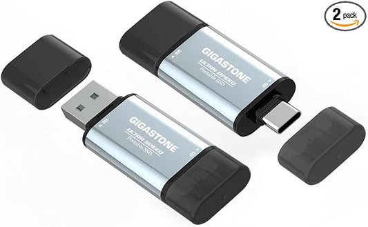 Gigastone Duo Go USB-A+C 1TB (2-Pack) Dual External Portable SSD 500MB/s Glossy Surface, Supports Apple 4K 60fps ProRes HDR Video Recording USB3.2 Gen 2 for iPhone 16 PS5 Mac iPad Laptop Android