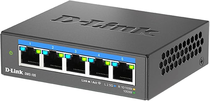 D-Link 5-Port 2.5GB Unmanaged Gaming Switch with 5 x 2.5G - Multi-Gig, Network, Fanless, Plug & Play (DMS-105),Black