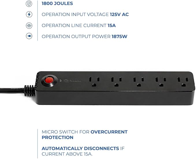Clamper Power Strip 5-Outlet 4ft Extension Cord, Short Circuit Protection, Surge Protector 1800 Joules, 1875W, for TV, PC, Xbox, PS5 and Other Appliances, Home and Office, iCLAMPER Power 5 Black