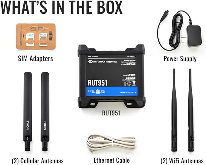 Teltonika RUT951 Industrial 4G LTE Router - Dual SIM Failover, WiFi Hotspot, VPN & RMS Support (RUT951A00800)