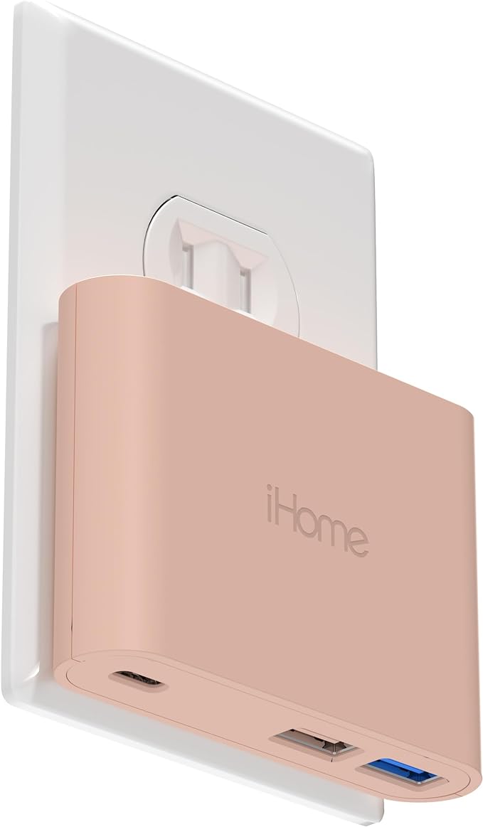 iHome 32W AC Pro Multi Port USB Wall Charger Block - Charging Station for Multiple Devices with 3 Ports (1 USB-C, 2 USB-A) - Fast Charging, Universal Compatibility (Pastel Pink)