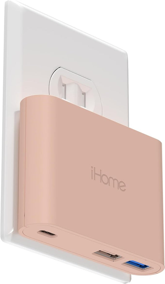iHome 32W AC Pro Multi Port USB Wall Charger Block - Charging Station for Multiple Devices with 3 Ports (1 USB-C, 2 USB-A) - Fast Charging, Universal Compatibility (Pastel Pink)