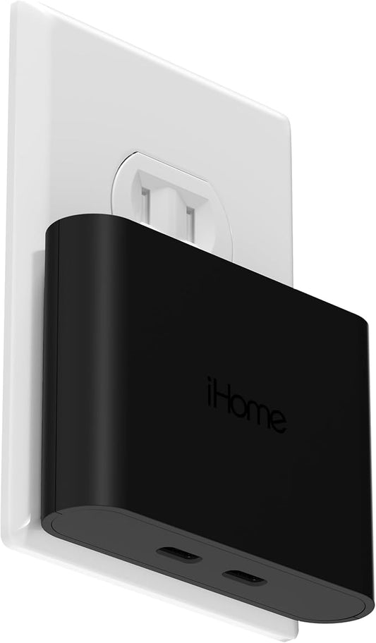 iHome Multiport 40W USB-C Charger, AC Pro 2-Port Flat Block, Dual Fast Charging Wall Adapter