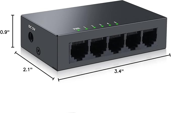 5 Port Gigabit Ethernet Switch|Mini Metal Housing Switch|Plug&Play|Fanless Design| Desktop Ethernet Splitter |Quiet Unmanaged Network Switch