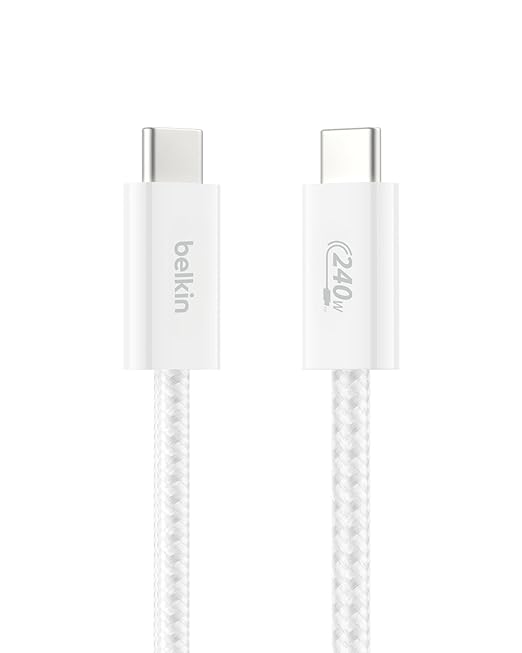 Belkin USB C to USB C Cable, 3.3ft, 240W - Type C Charger, iPhone Charger Cord, Soft, Braided, Flexible for iPhone 17, Galaxy S25, Pixel 9, MacBook, Chromebook, iPad Pro, Switch Steam Deck – White