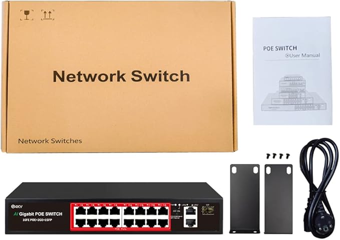 PoE Switch with 16 POE Ports +2 Gigabit Uplink,1 x 1.25G SFP,802.3af/at PoE+ 100Mbps, 240W Built-in Power, Extend to 250Meter,Unmanaged Metal Plug and Play