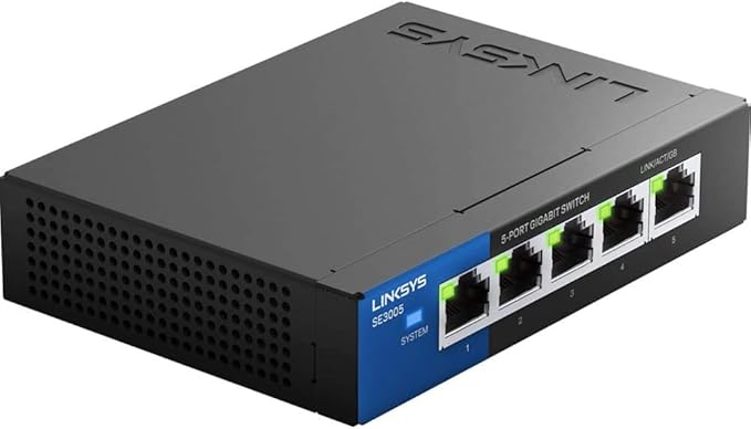 Linksys SE3005: 5-Port Gigabit Ethernet Unmanaged Switch, Computer Network, Auto-Sensing Ports Maximize Data Flow for up to 1,000 Mbps (Black, Blue)