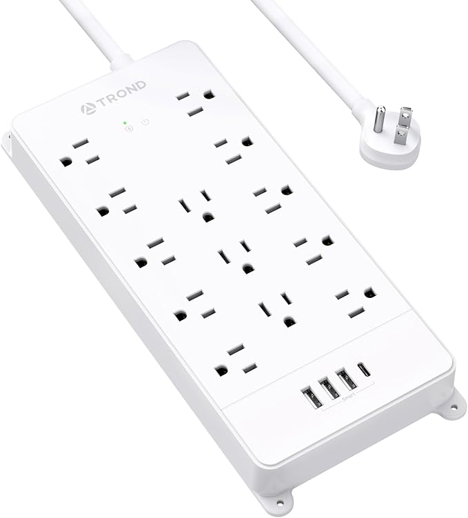 TROND Power Strip Surge Protector - White Extension Cord with USB Ports, 13 Widely-Spaced Outlets Expansion, 5ft, Flat Plug, Under Desk, Wall Mount, Heavy Duty, 4000 Joules, Office, Home, ETL Listed