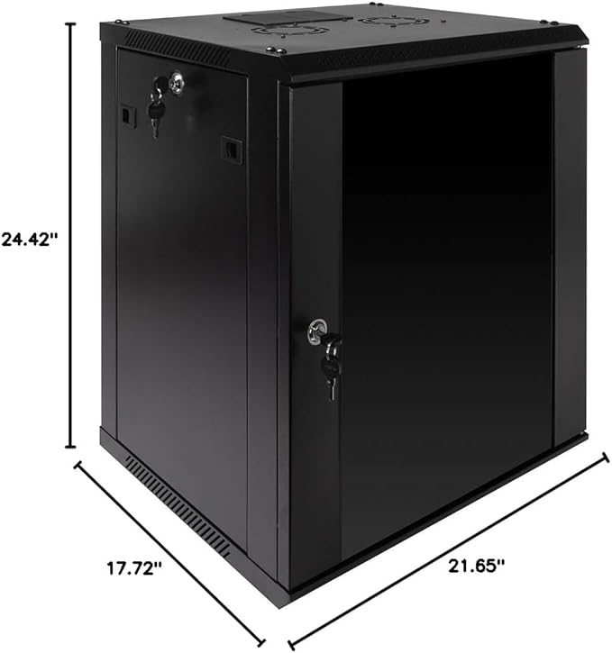 NavePoint 12U Server Rack Enclosure with Glass Door, Cooling Fan, Locks, & Removable Side Panels - 12U Wall Mount Network Cabinet 19 Inch Rack 17.7" Deep (450mm)