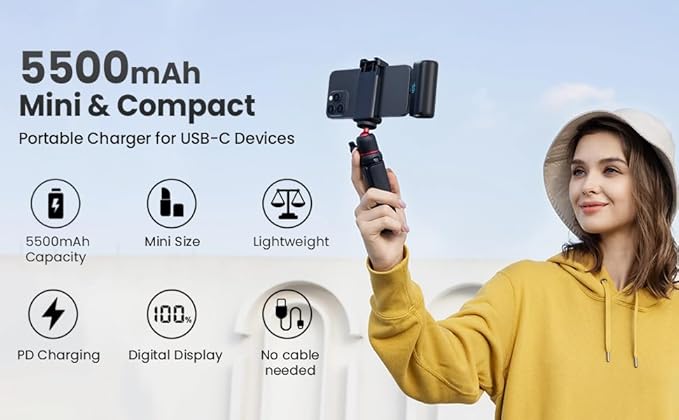 [2-Pack] Mini Portable Charger for iPhone 16/15 Series, Upgraded 5500mAh 3A PD Fast Charging USB C Power Bank, LCD Display Battery Pack Compatible with 16/16 Pro Max/15/15 Pro Max Samsung Android etc