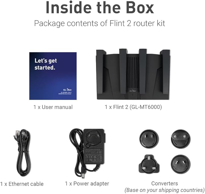 GL.iNet GL-MT6000 (Flint 2) WiFi 6 High Speed Gaming Routers for Wireless Internet, 2 x 2.5G Ethernet Ports for Fiber Optic Modem, Long Range Computer VPN WiFi Router, Home & Business