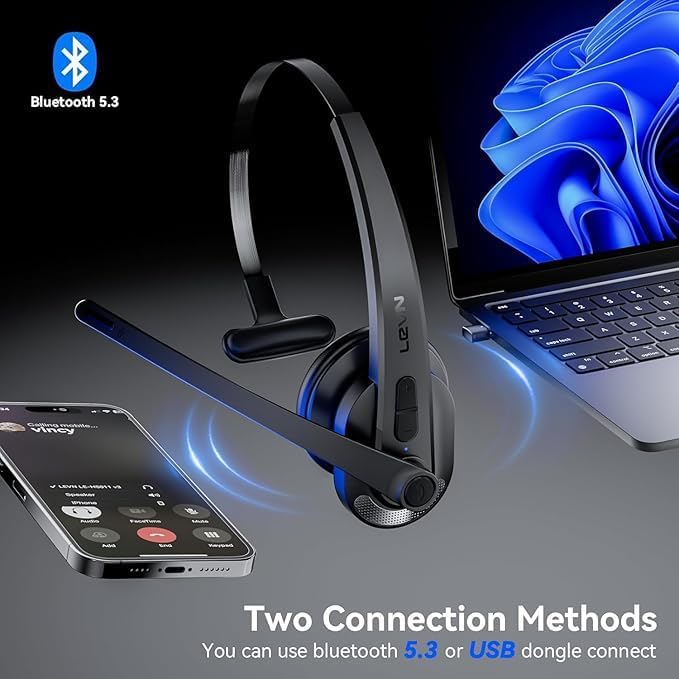 LEVN Wireless Headset with Mic for Work, Bluetooth Headset with Microphone-AI Noise Cancelling, Single-Ear Wireless Headphones with Mic & USB Dongle for PC/Computer/Call Center/Laptop/Teams/Zoom/Home