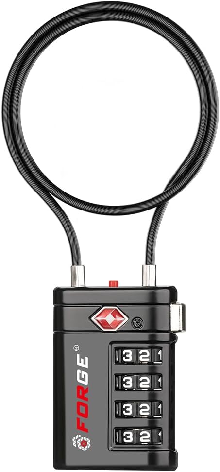 Forge TSA Approved Luggage Locks 4 Digit Combination TSA Travel Locks with TSA008, Open Alert Indicator, Zinc Alloy Body for Luggage, Suitcase, Backpack, and More. 1 15'' Cable Locks.