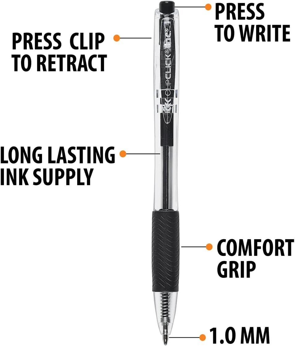Inc. ClipClicks Retractable Ballpoint Pens - Bulk 1.0-mm Medium-Point Pen Set With Comfort Grip for School, Office, Writing, and Journaling, 50 Count, Black
